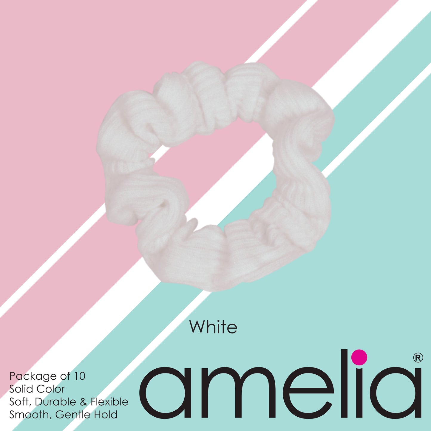 Amelia Beauty, Medium White Ribbed Scrunchies, 2.5in Diameter, Gentle on Hair, Strong Hold, No Snag, No Dents or Creases. 10 Pack