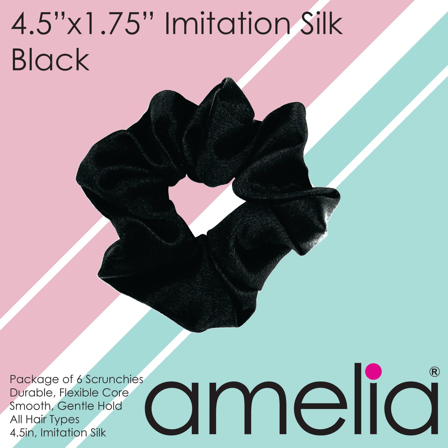 Amelia Beauty Products, Black Imitation Silk Scrunchies, 4.5in Diameter, Gentle on Hair, Strong Hold, No Snag, No Dents or Creases. 6 Pack