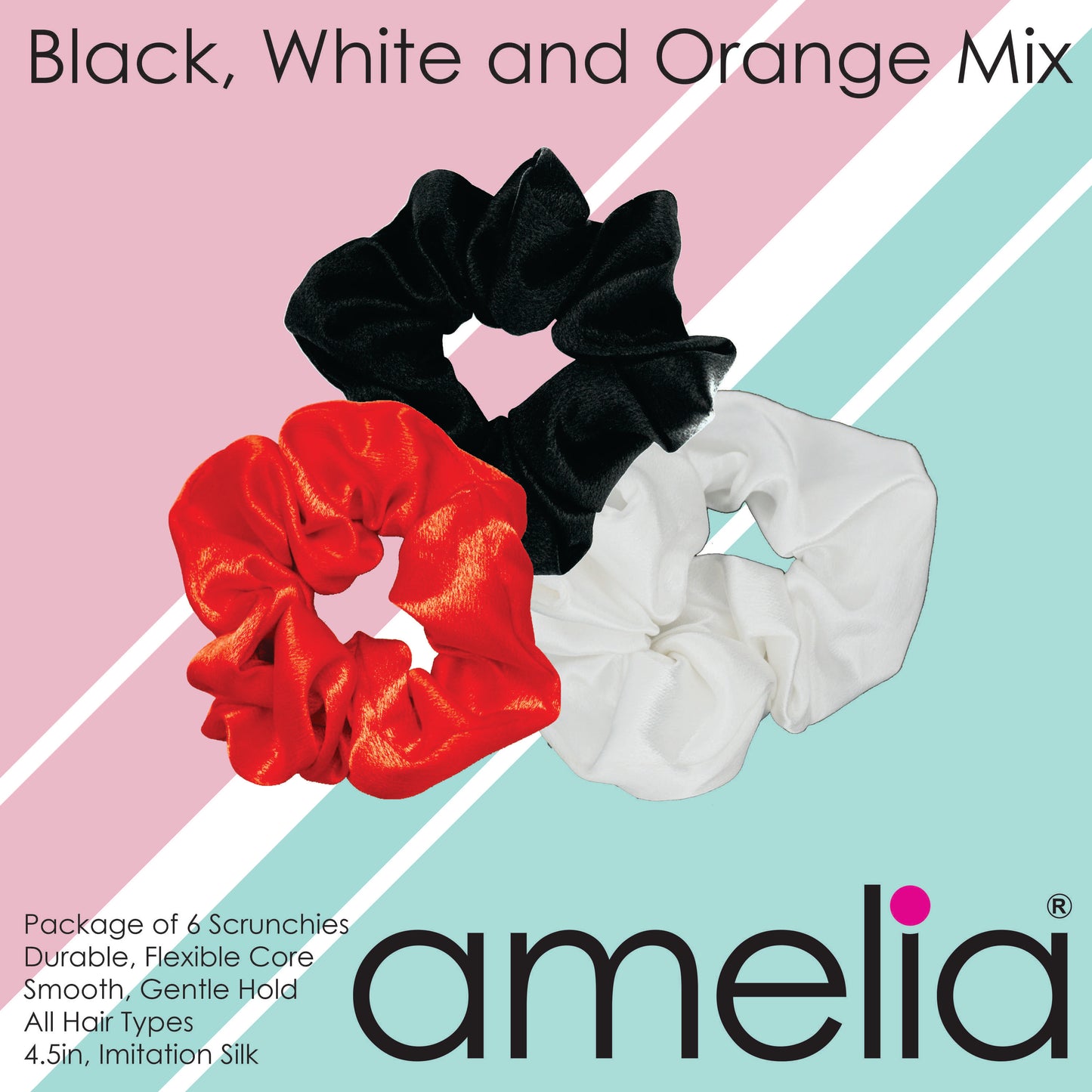 Amelia Beauty Products, Black, White and Orange Mix, Imitation Silk Scrunchies, 4.5in Diameter, Gentle on Hair, Strong Hold, No Snag, No Dents or Creases. 6 Pack