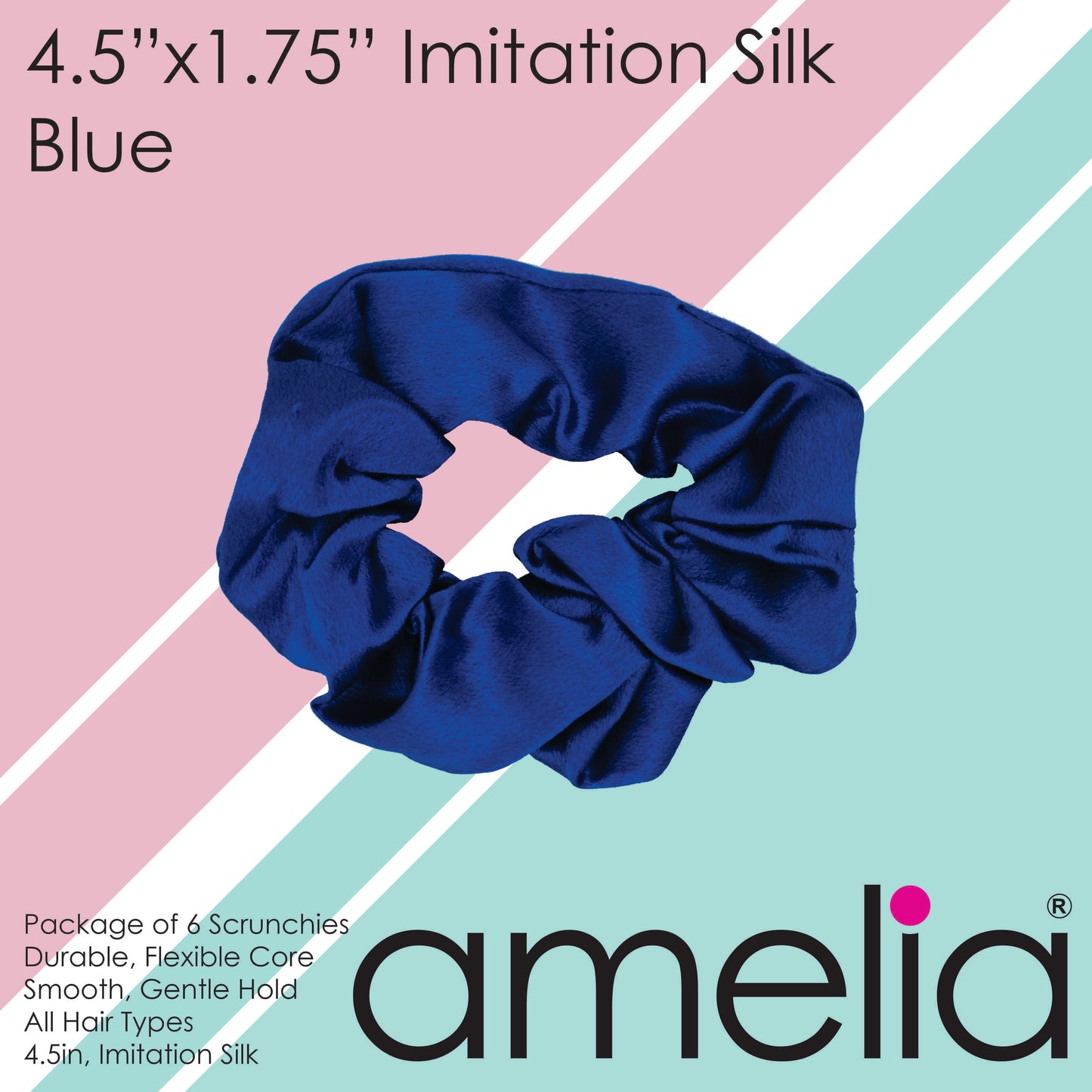 Amelia Beauty Products, Blue Imitation Silk Scrunchies, 4.5in Diameter, Gentle on Hair, Strong Hold, No Snag, No Dents or Creases. 6 Pack