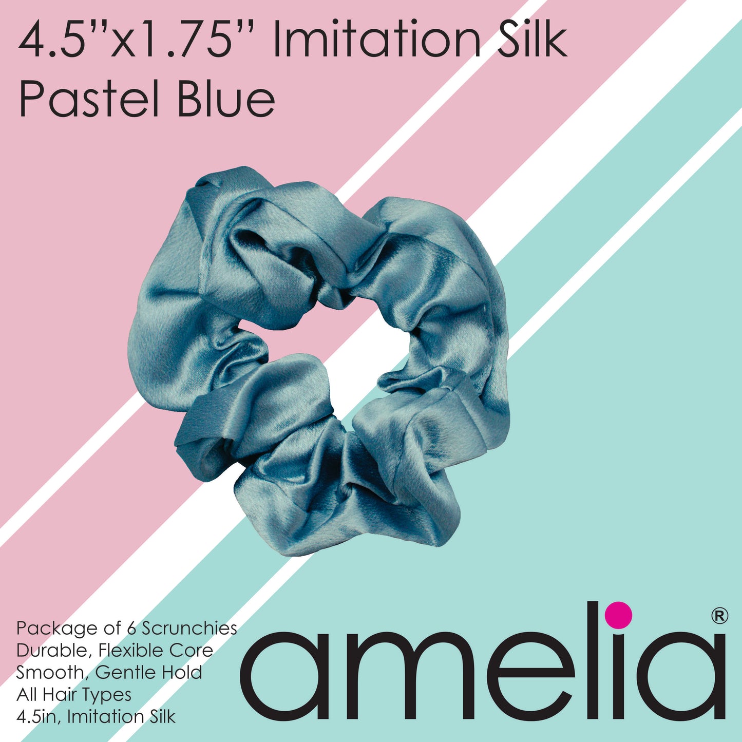 Amelia Beauty Pastel Blue Imitation Silk Scrunchies, 4.5in Diameter, Gentle on Hair, Strong Hold, No Snag, No Dents or Creases. 6 Pack