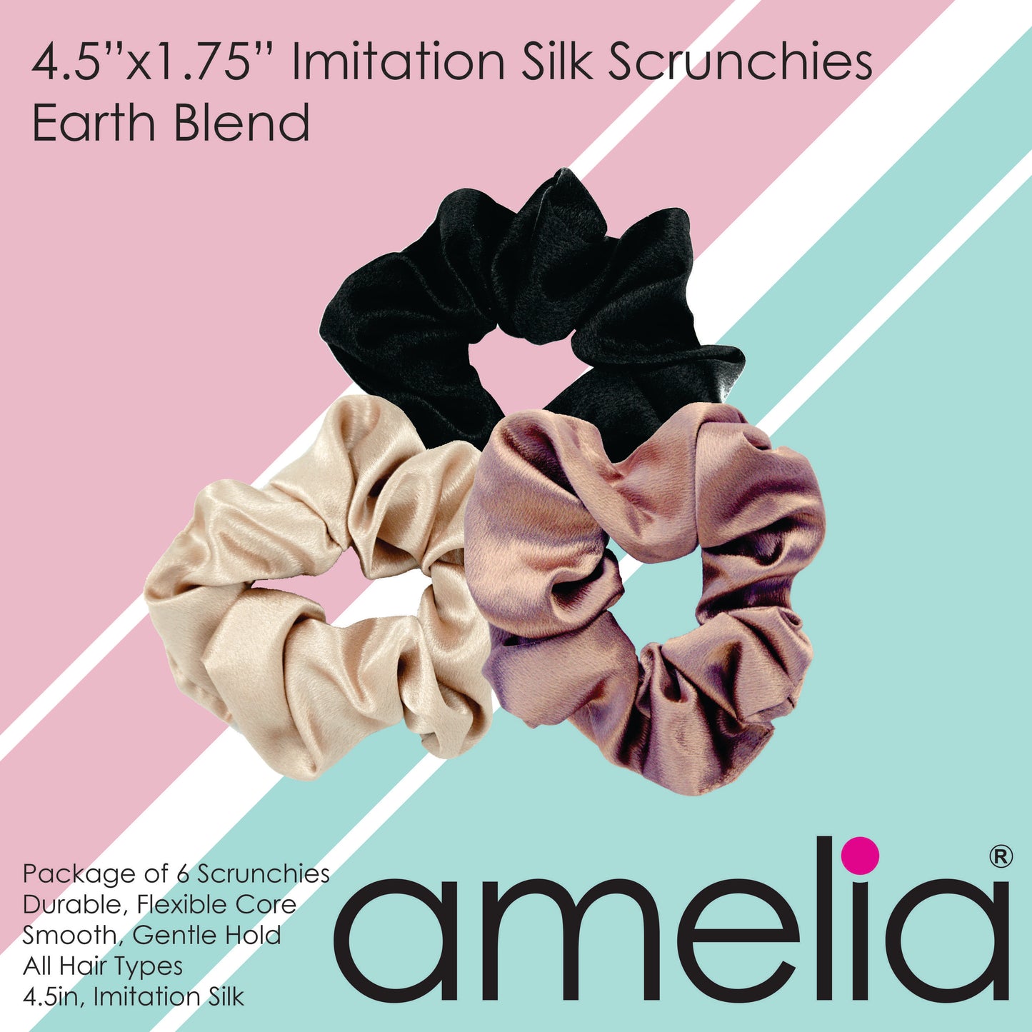 Amelia Beauty, Earth Tones Imitation Silk Scrunchies, 4.5in Diameter, Gentle on Hair, Strong Hold, No Snag, No Dents or Creases. 6 Pack