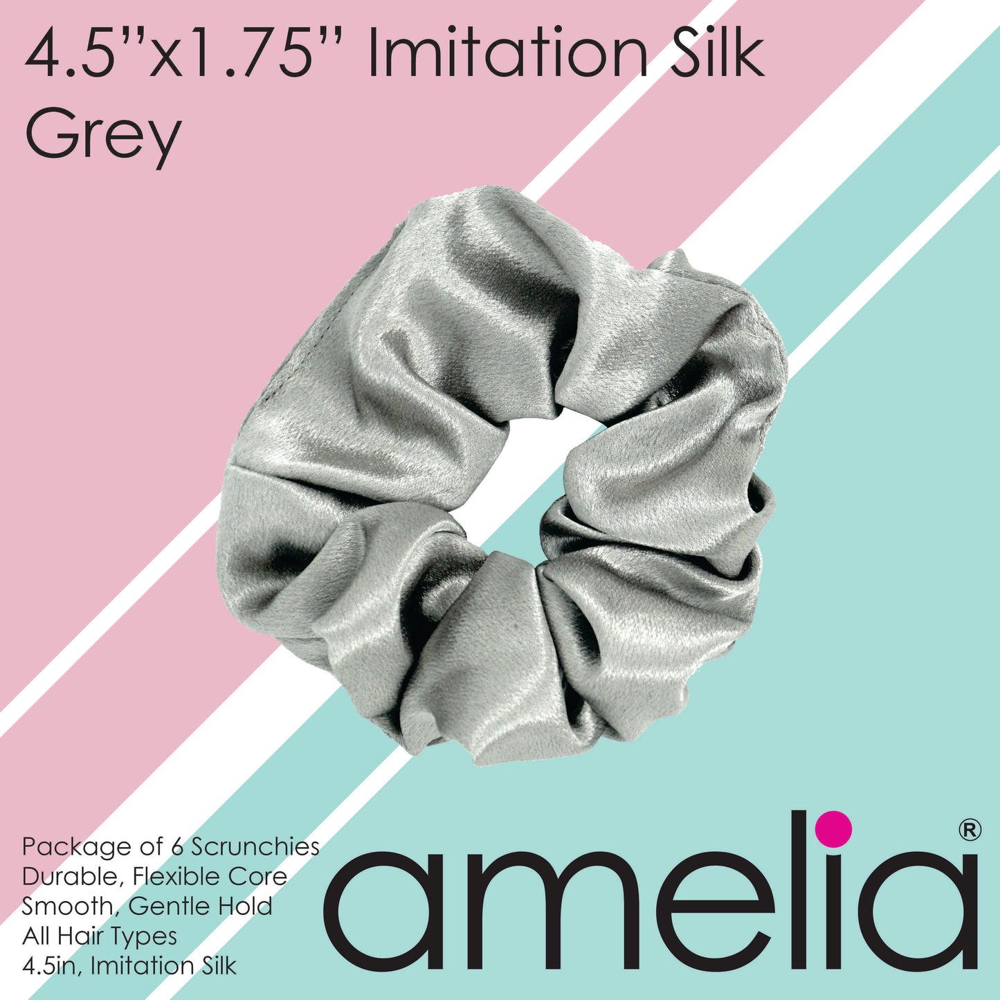 Amelia Beauty Products, Gray Imitation Silk Scrunchies, 4.5in Diameter, Gentle on Hair, Strong Hold, No Snag, No Dents or Creases. 6 Pack