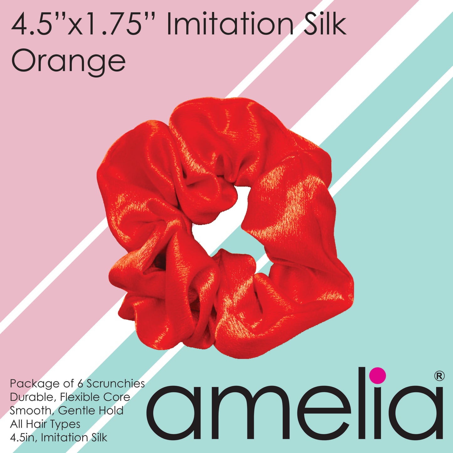 Amelia Beauty, Orange Imitation Silk Scrunchies, 4.5in Diameter, Gentle on Hair, Strong Hold, No Snag, No Dents or Creases. 6 Pack