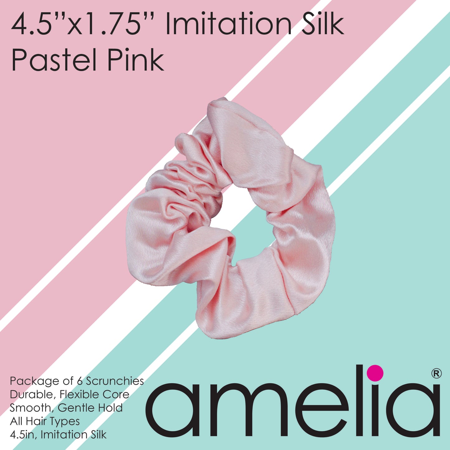 Amelia Beauty, Pastel Pink Imitation Silk Scrunchies, 4.5in Diameter, Gentle on Hair, Strong Hold, No Snag, No Dents or Creases. 6 Pack