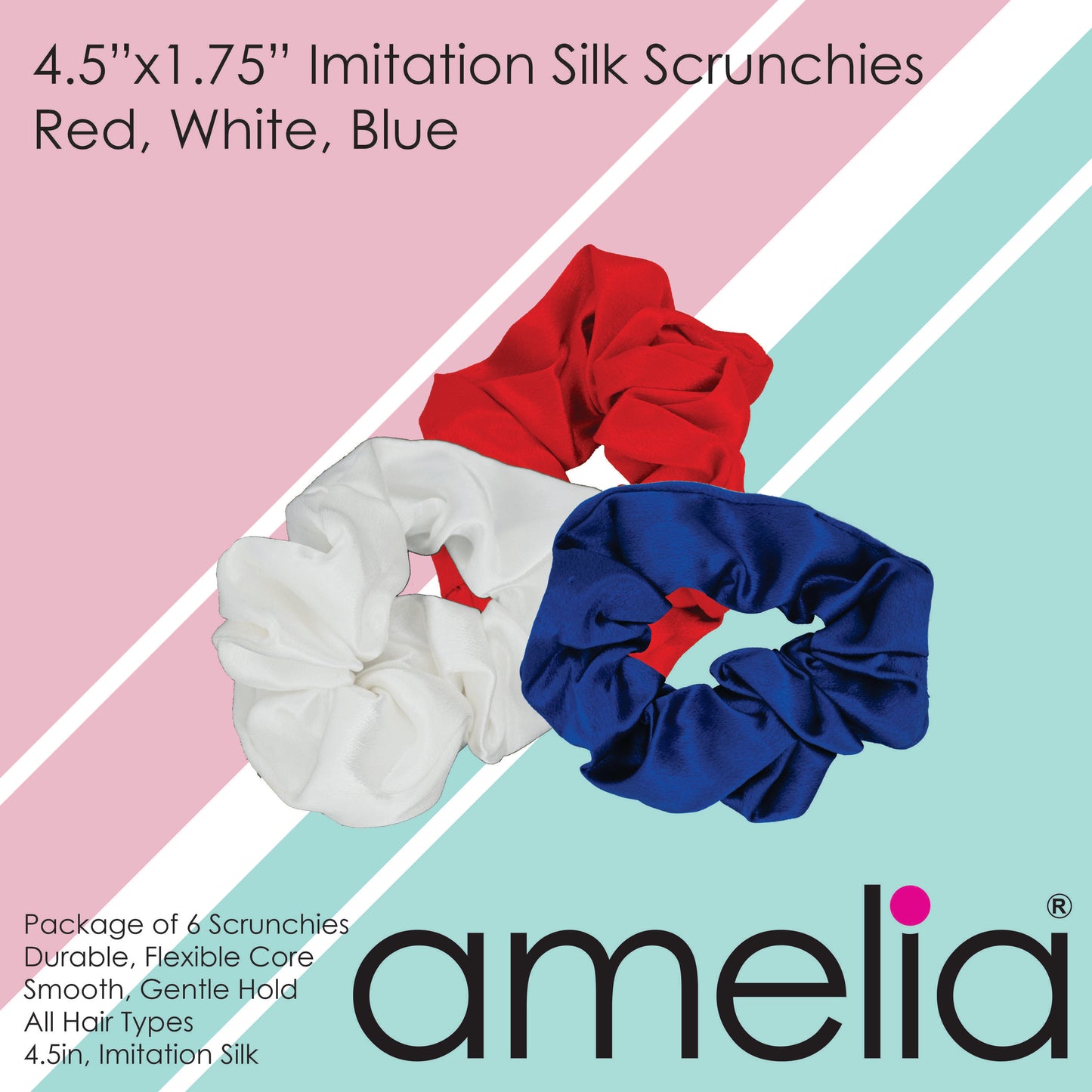 Amelia Beauty, Red, White and Blue Imitation Silk Scrunchies, 4.5in Diameter, Gentle on Hair, Strong Hold, No Snag, No Dents or Creases. 6 Pack