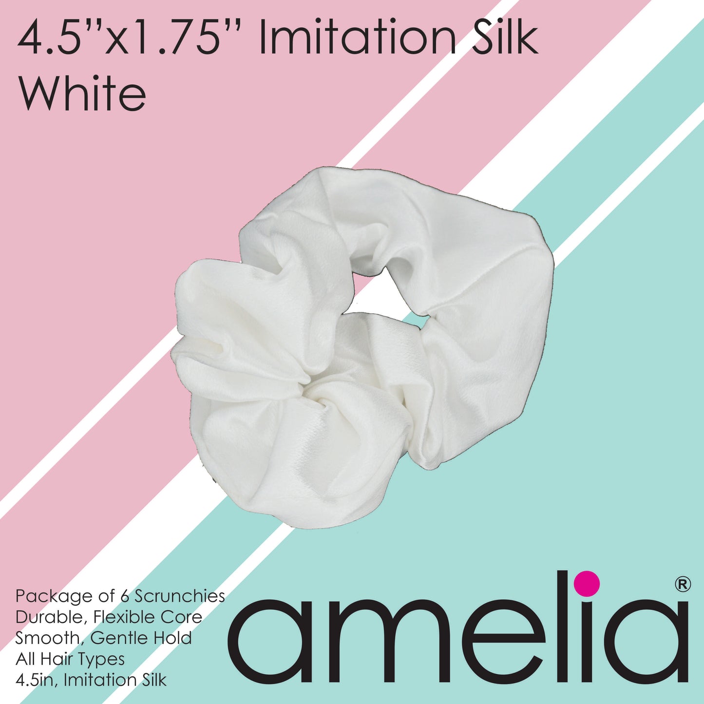 Amelia Beauty, White Imitation Silk Scrunchies, 4.5in Diameter, Gentle on Hair, Strong Hold, No Snag, No Dents or Creases. 6 Pack