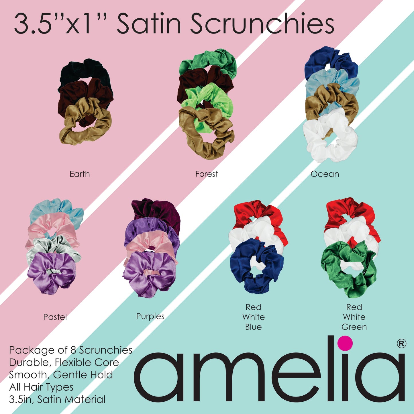 Amelia Beauty Products, Tan Satin Scrunchies, 3.5in Diameter, Gentle on Hair, Strong Hold, No Snag, No Dents or Creases. 8 Pack