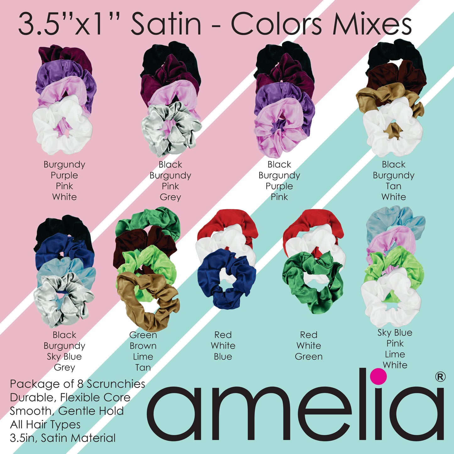 Amelia Beauty Products, Black, Burgundy, Pink and Gray Satin Scrunchies, 3.5in Diameter, Gentle on Hair, Strong Hold, No Snag, No Dents or Creases. 8 Pack