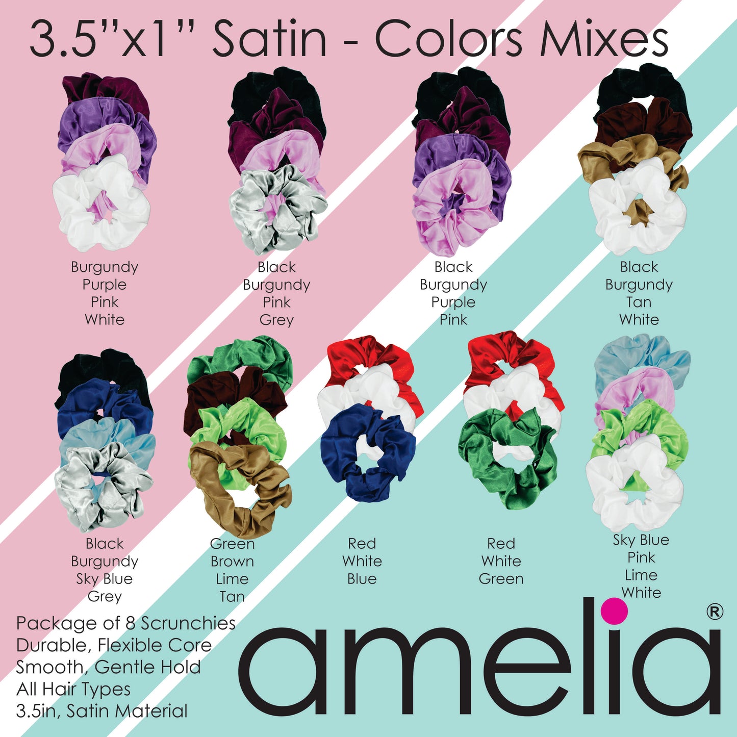 Amelia Beauty Products, Prime Red Satin Scrunchies, 3.5in Diameter, Gentle on Hair, Strong Hold, No Snag, No Dents or Creases. 8 Pack