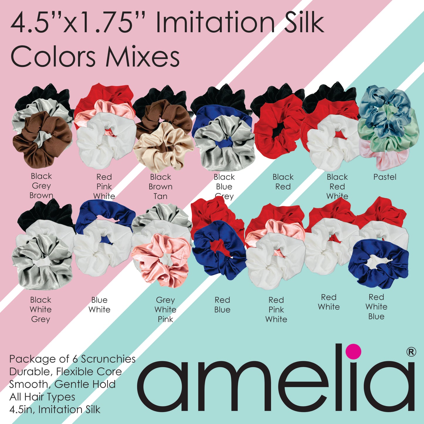 Amelia Beauty Products, Black, White and Orange Mix, Imitation Silk Scrunchies, 4.5in Diameter, Gentle on Hair, Strong Hold, No Snag, No Dents or Creases. 6 Pack