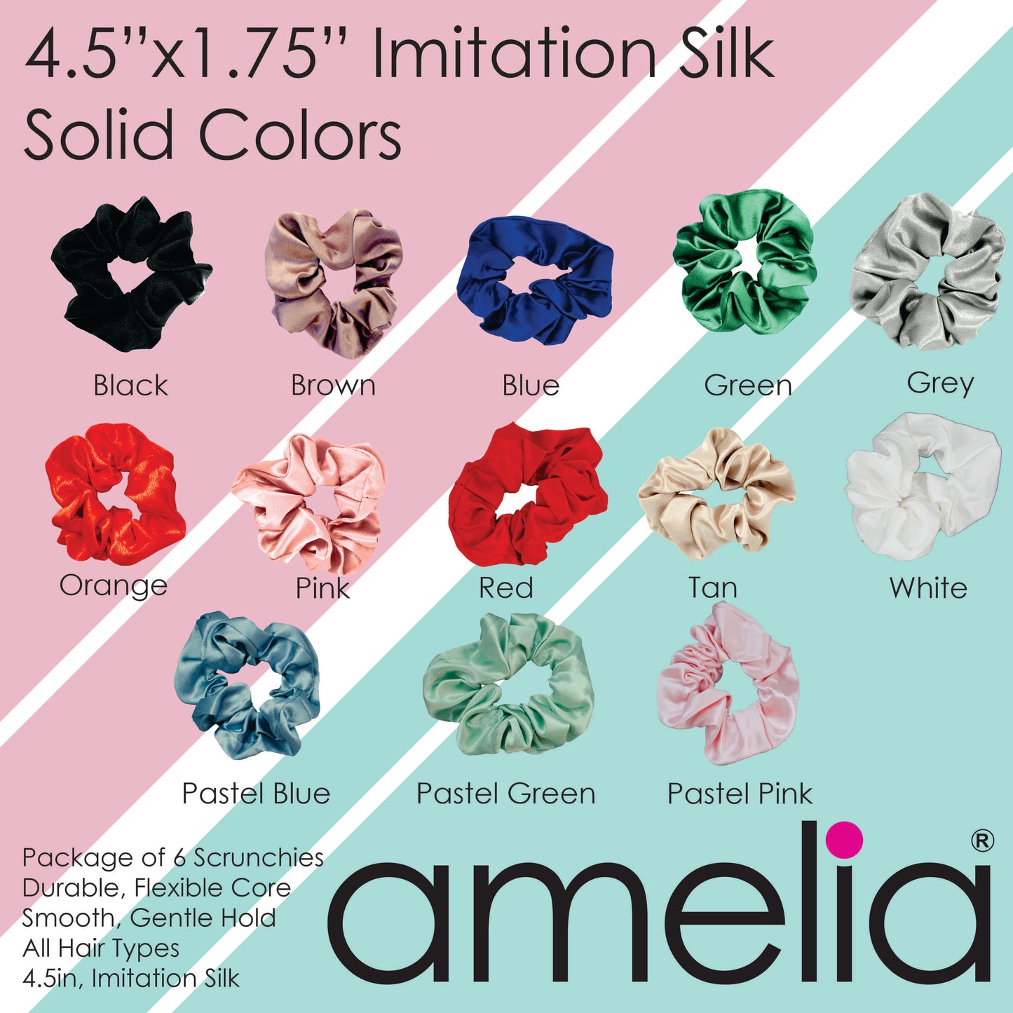 Amelia Beauty, Earth Tones Imitation Silk Scrunchies, 4.5in Diameter, Gentle on Hair, Strong Hold, No Snag, No Dents or Creases. 6 Pack
