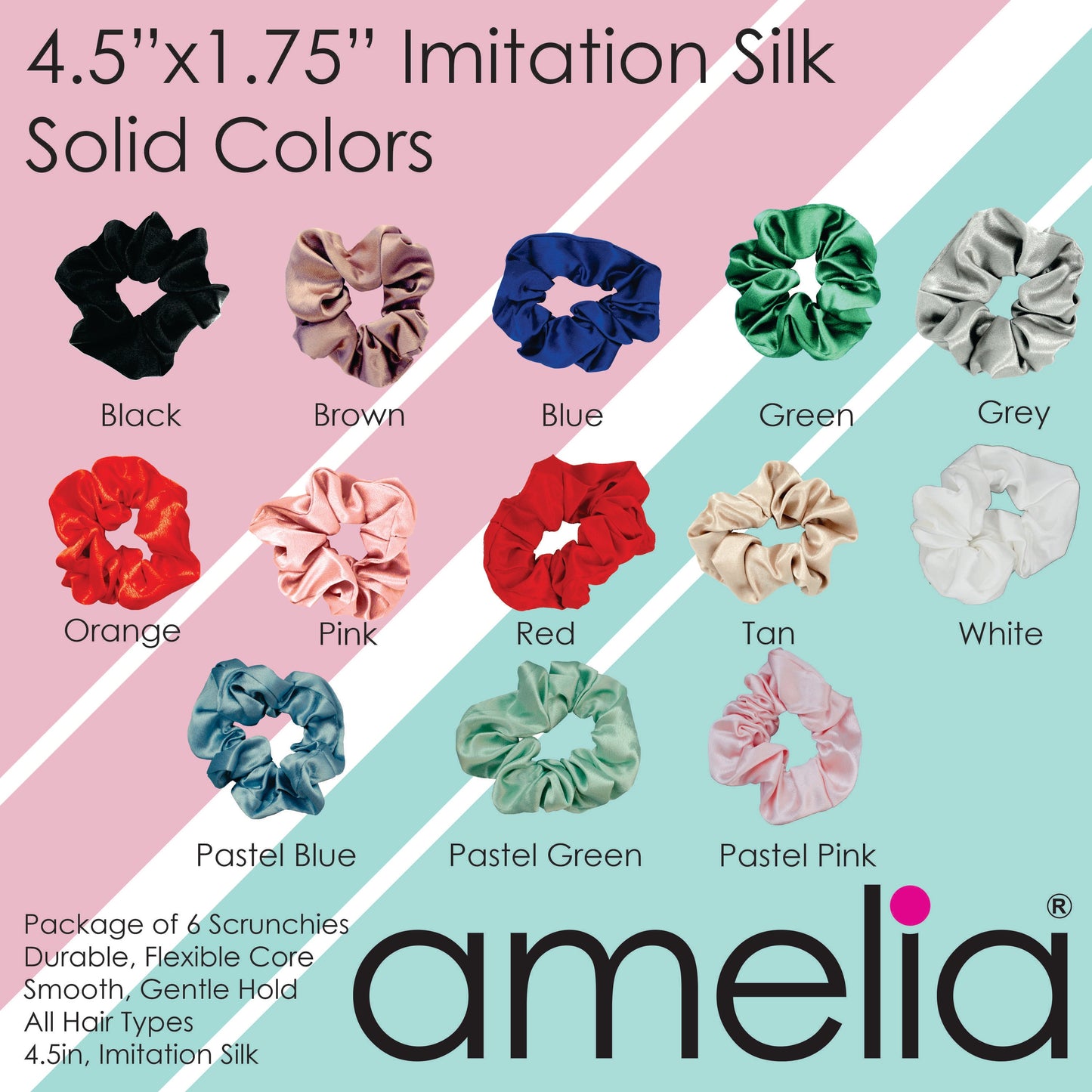 Amelia Beauty Products, Reds Mix Imitation Silk Scrunchies, 4.5in Diameter, Gentle on Hair, Strong Hold, No Snag, No Dents or Creases. 6 Pack