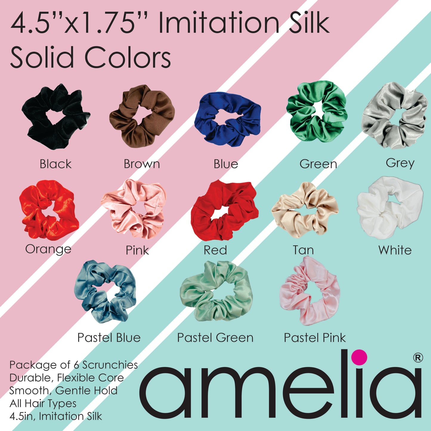 Amelia Beauty Products, Gray, White and Pink Imitation Silk Scrunchies, 4.5in Diameter, Gentle on Hair, Strong Hold, No Snag, No Dents or Creases. 6 Pack