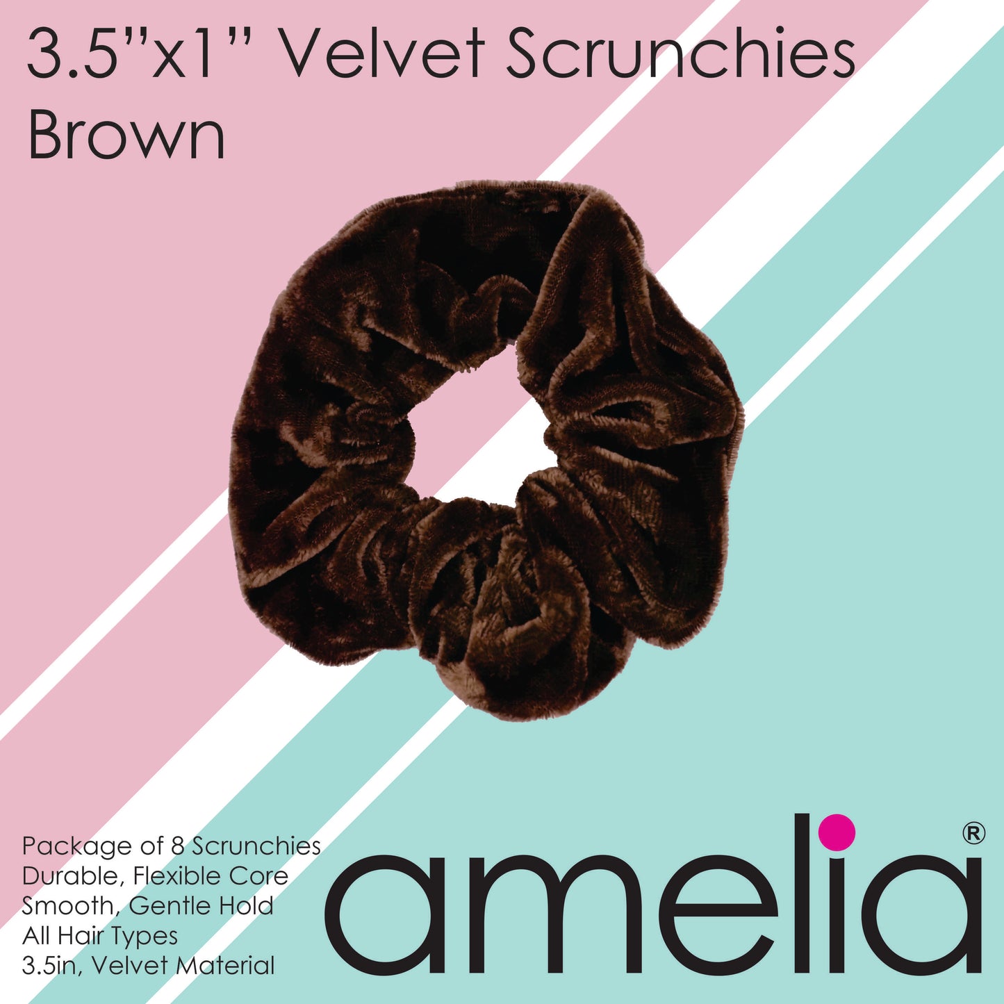 Amelia Beauty, Brown Velvet Scrunchies, 3.5in Diameter, Gentle on Hair, Strong Hold, No Snag, No Dents or Creases. 8 Pack