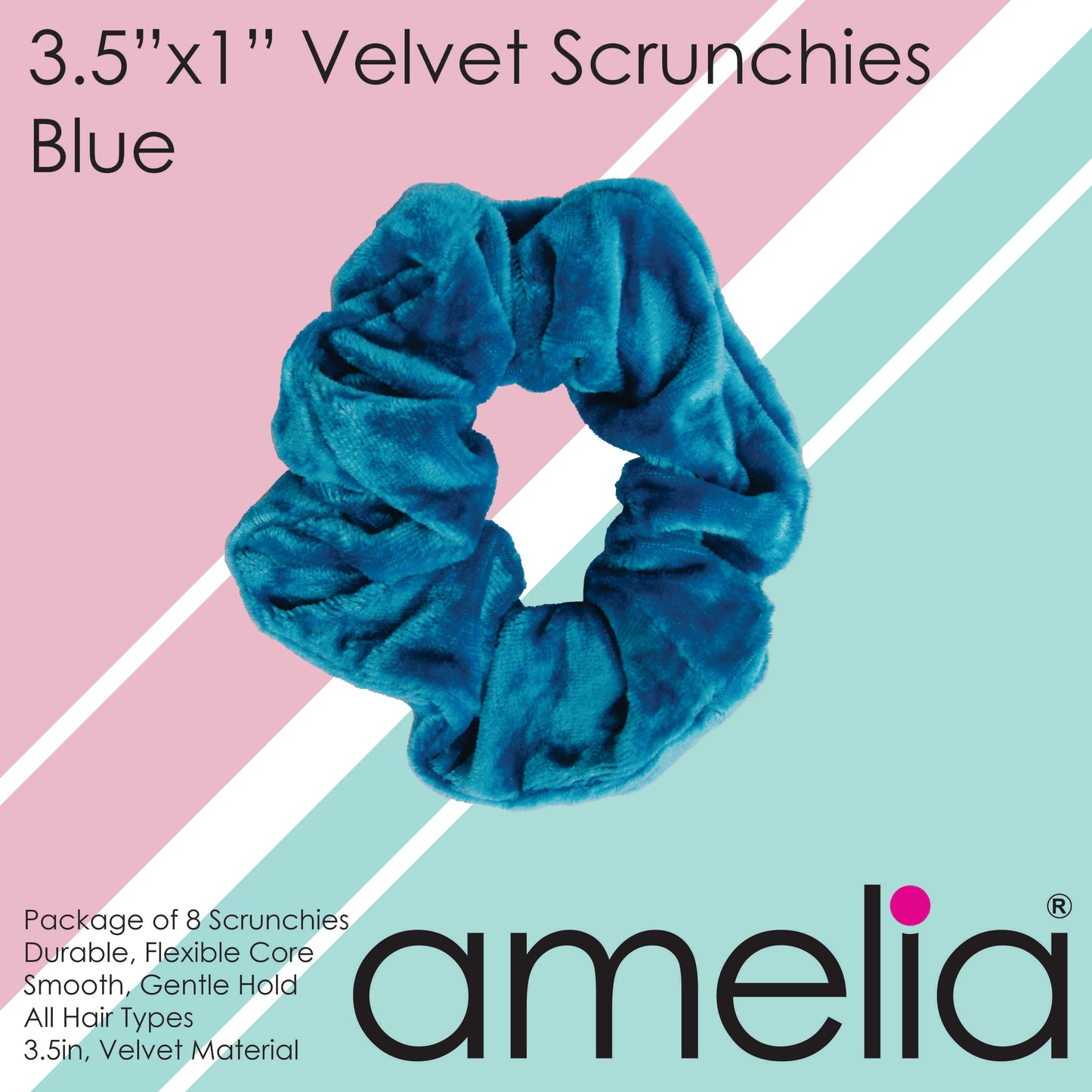 Amelia Beauty Products, Blue Velvet Velvet Scrunchies, 3.5in Diameter, Gentle on Hair, Strong Hold, No Snag, No Dents or Creases. 8 Pack