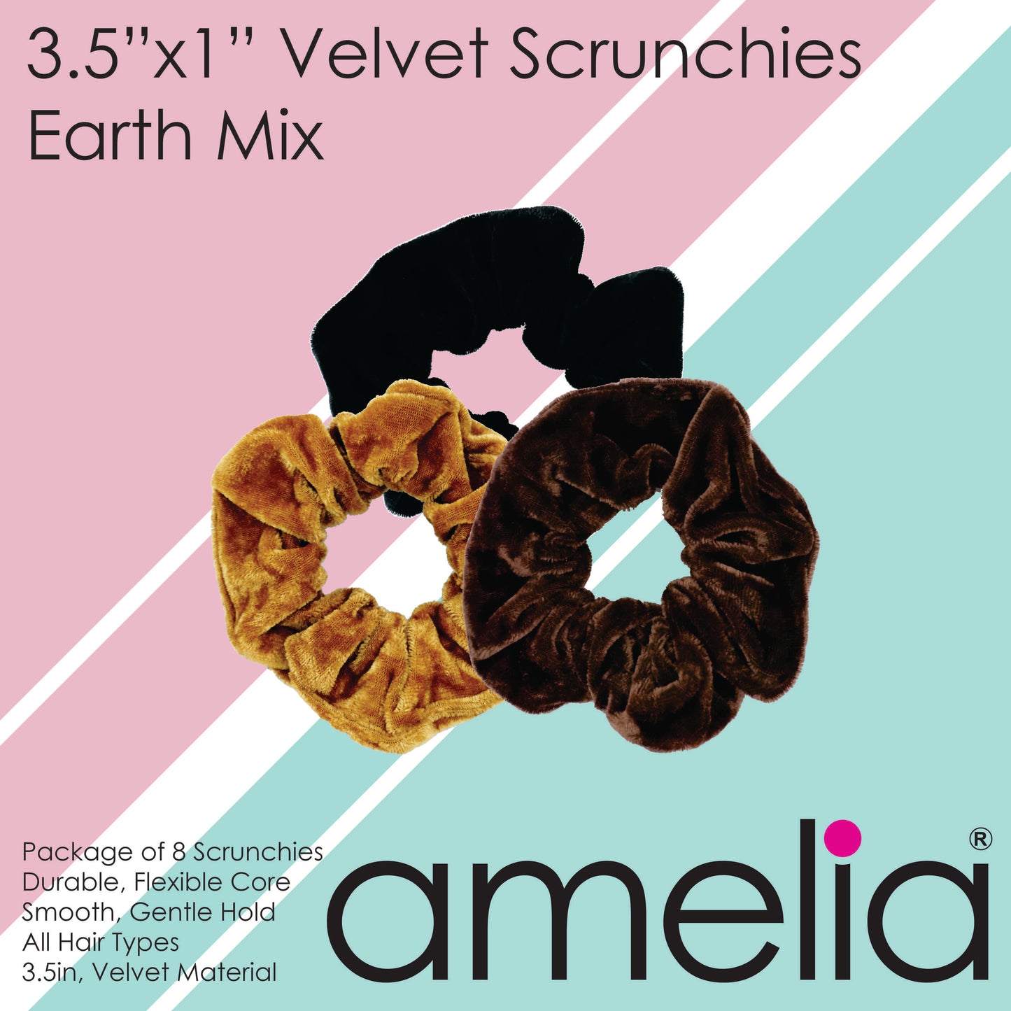 Amelia Beauty, Earth Blend Velvet Scrunchies, 3.5in Diameter, Gentle on Hair, Strong Hold, No Snag, No Dents or Creases. 8 Pack