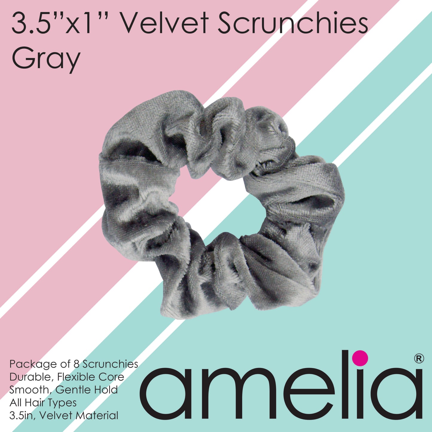 Amelia Beauty, Gray Velvet Scrunchies, 3.5in Diameter, Gentle on Hair, Strong Hold, No Snag, No Dents or Creases. 8 Pack
