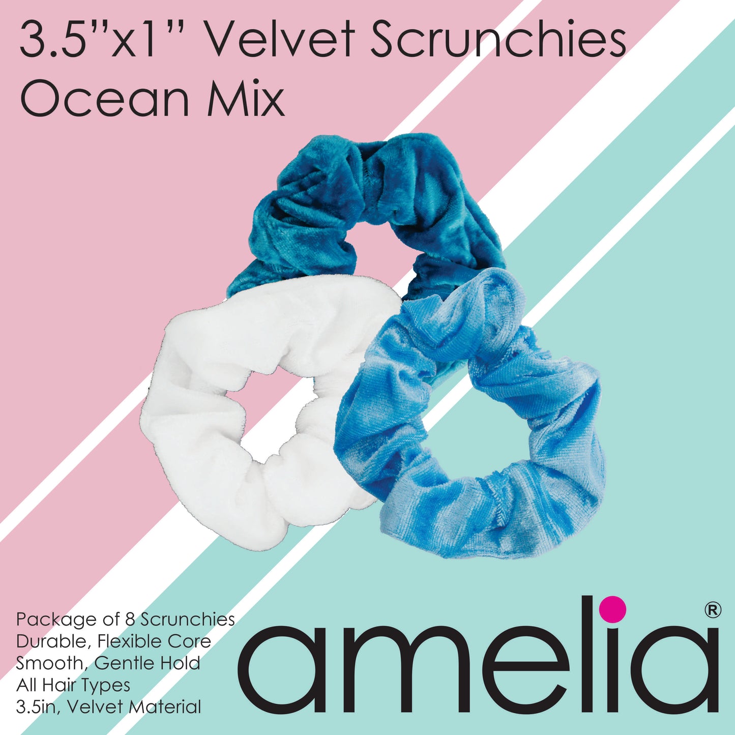 Amelia Beauty, Ocean Blend Velvet Scrunchies, 3.5in Diameter, Gentle on Hair, Strong Hold, No Snag, No Dents or Creases. 8 Pack