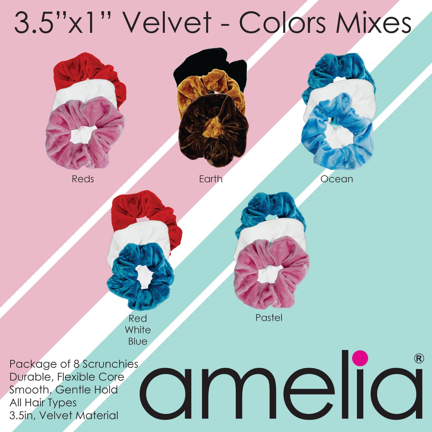 Amelia Beauty, Ocean Blend Velvet Scrunchies, 3.5in Diameter, Gentle on Hair, Strong Hold, No Snag, No Dents or Creases. 8 Pack