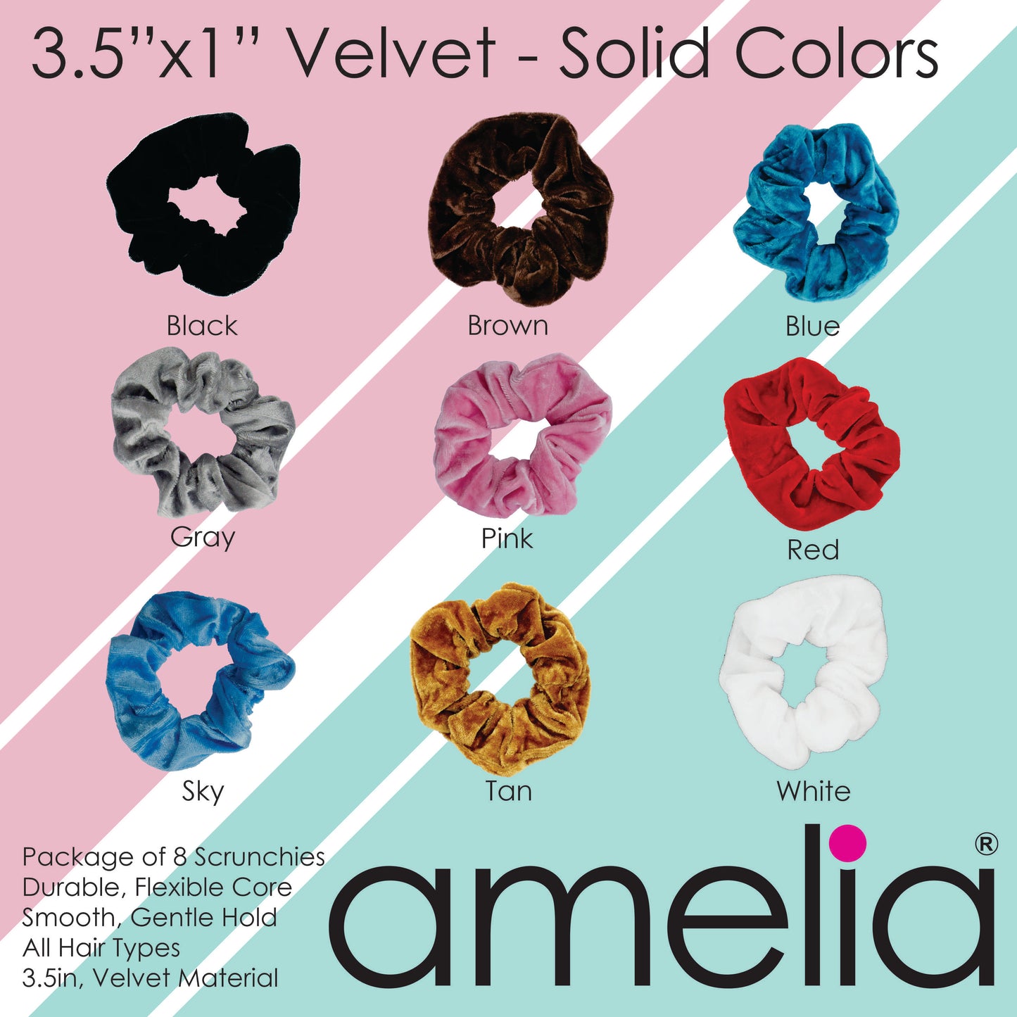Amelia Beauty, White Velvet Scrunchies, 3.5in Diameter, Gentle on Hair, Strong Hold, No Snag, No Dents or Creases. 8 Pack