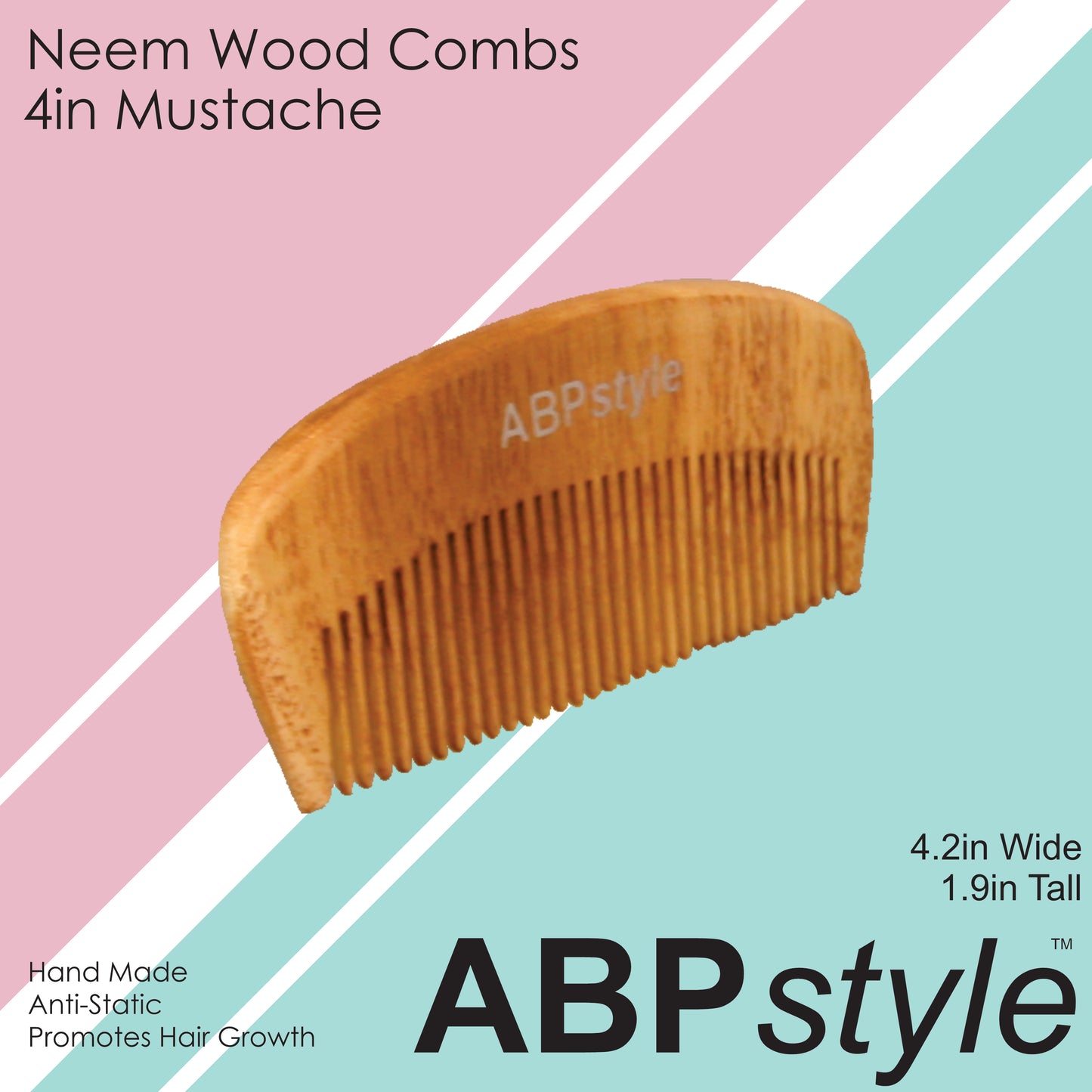 ABPStyle, 4in Neem Wood Mustache Comb. Anti-Static, Damage Free, Promotes Hair Growth, Environmentally Friendly
