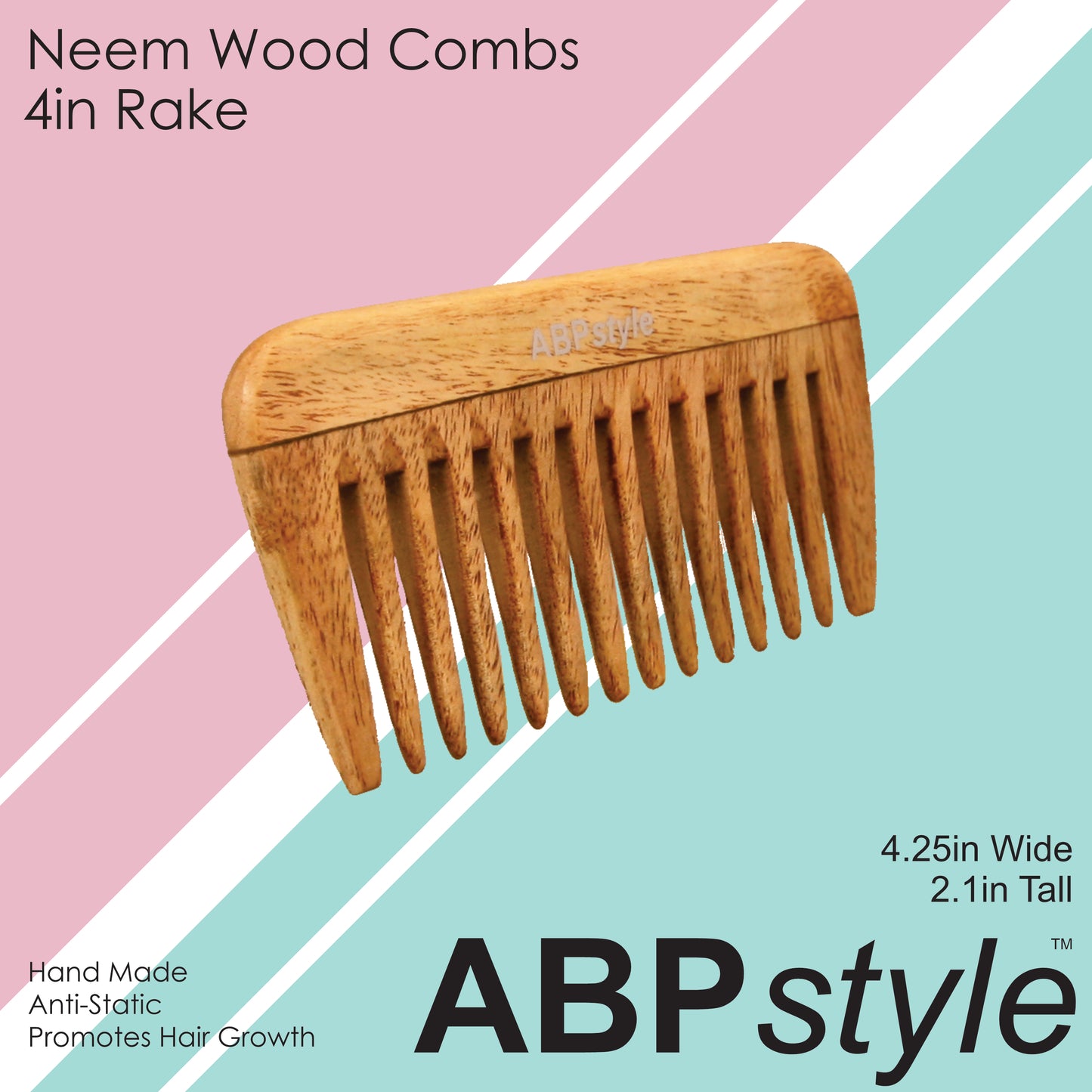 ABPStyle, 4in Neem Wood Tall Rake Comb. Anti-Static, Damage Free, Promotes Hair Growth, Environmentally Friendly