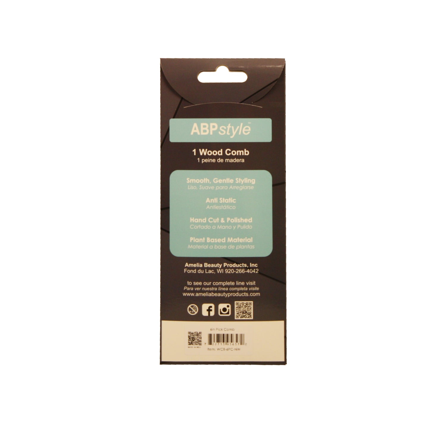 ABPStyle, 6in Neem Wood Pick Comb. Anti-Static, Damage Free, Promotes Hair Growth, Environmentally Friendly