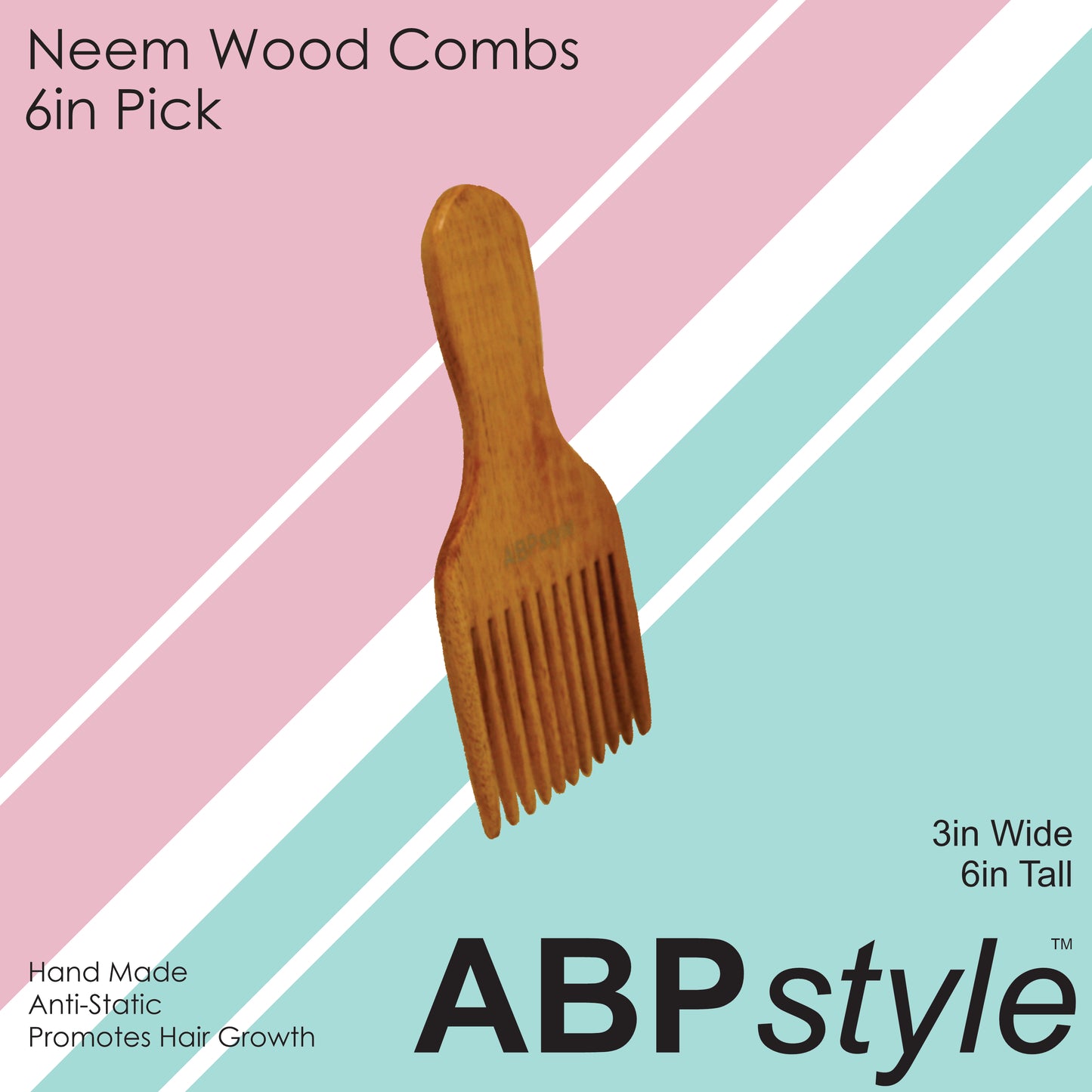 ABPStyle, 6in Neem Wood Pick Comb. Anti-Static, Damage Free, Promotes Hair Growth, Environmentally Friendly