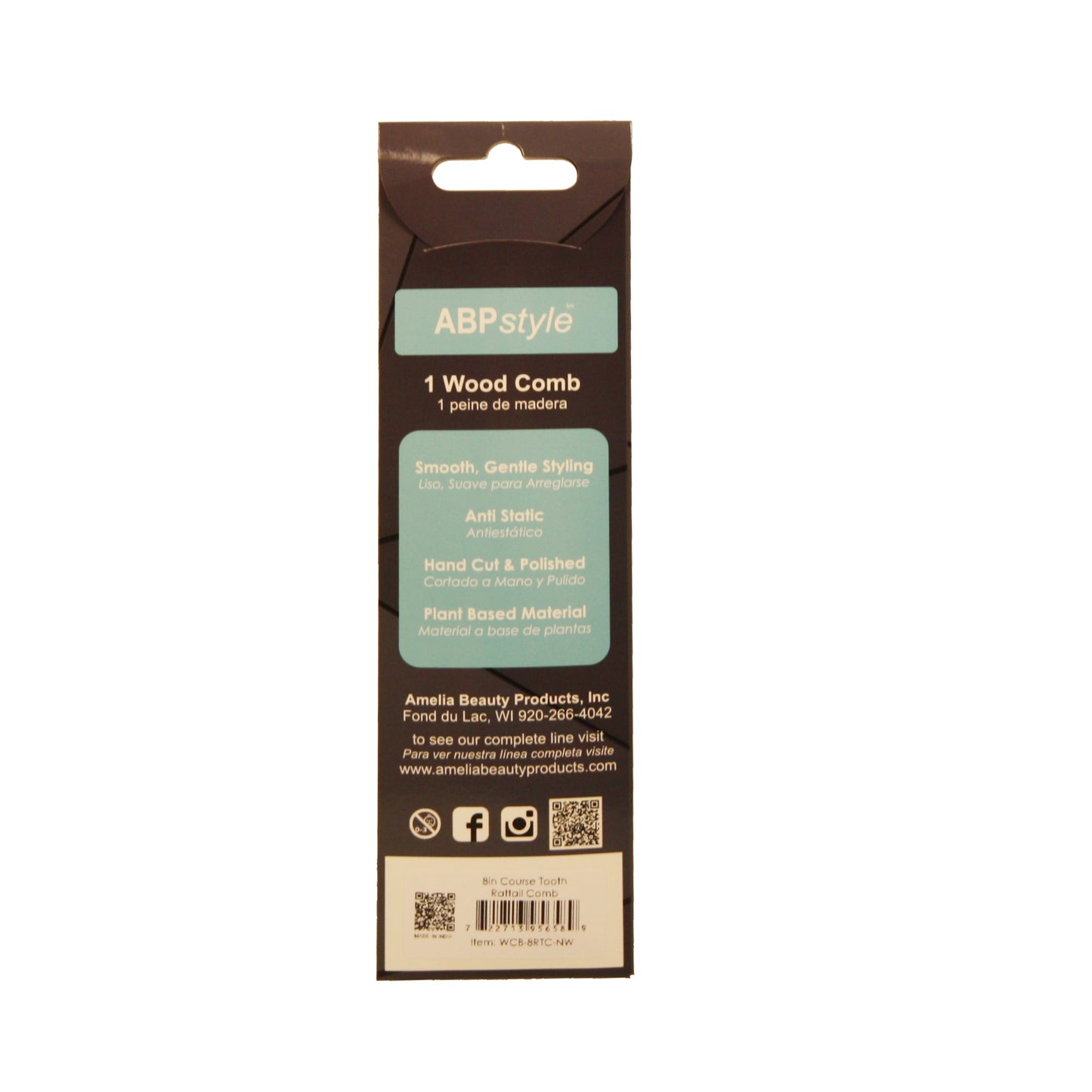 ABPStyle, 8in Neem Wood Rattail Comb. Anti-Static, Damage Free, Promotes Hair Growth, Environmentally Friendly