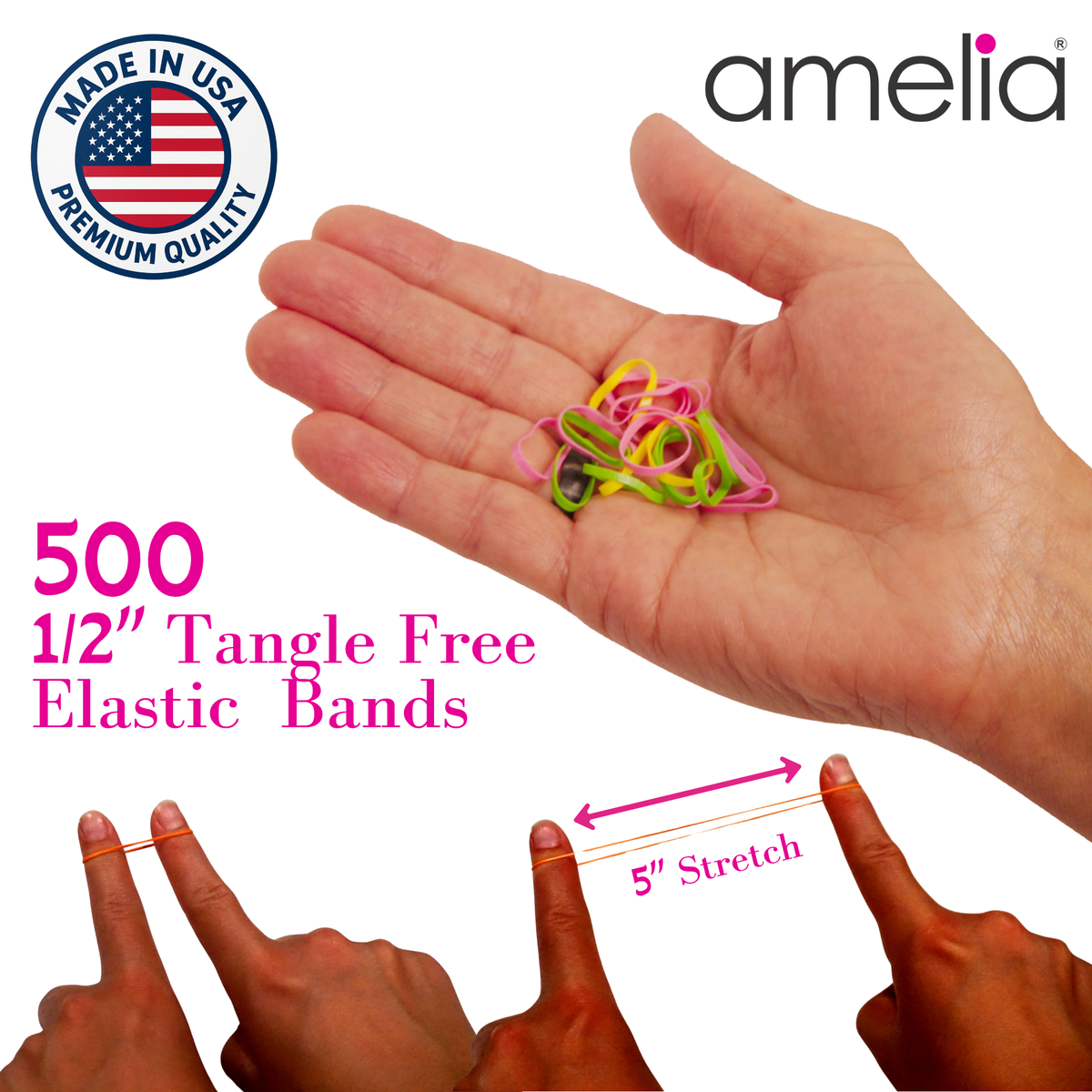 Amelia Beauty 500 Count Small Clear Tangle-Free Elastic Ponytail Holders, 1/2-Inch Hair Ties for Ponytails, Braids, Twists & Hair Sectioning, Made in USA