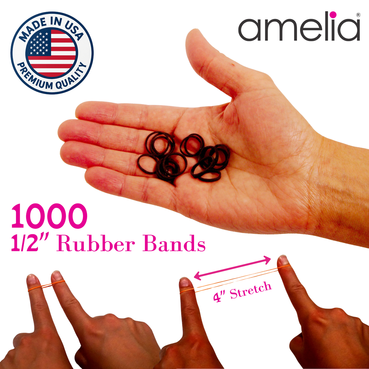 Amelia Beauty | 1000 Count, 1/2in Blue Rubber Hair Bands | Made in USA | Ideal for Ponytails, Braids, Twists & Locs
