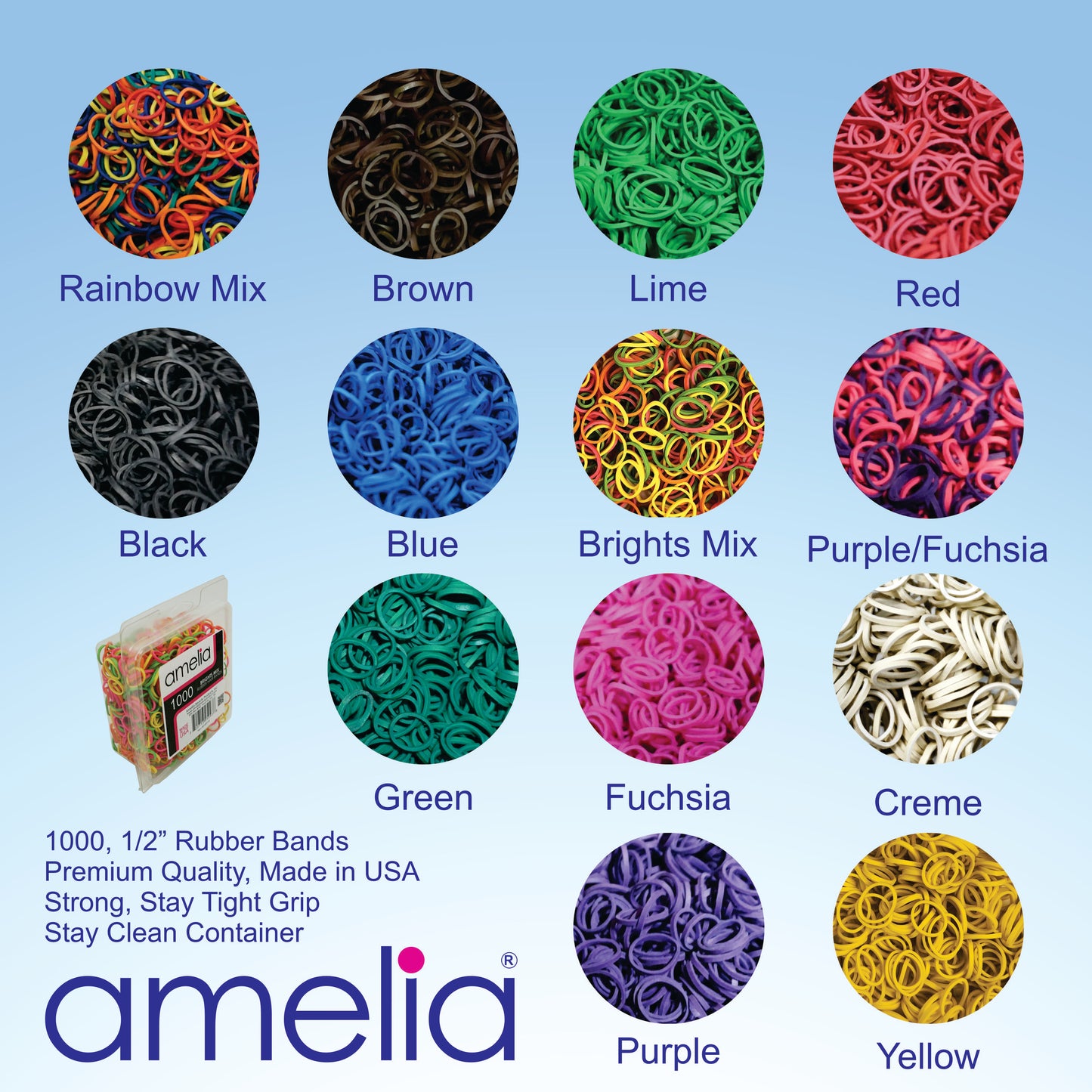 Amelia Beauty | 1/2in, Blue, Elastic Rubber Band Pony Tail Holders | Made in USA, Ideal for Ponytails, Braids, Twists, Dreadlocks, Styling Accessories for Women, Men and Girls | 1000 Pack