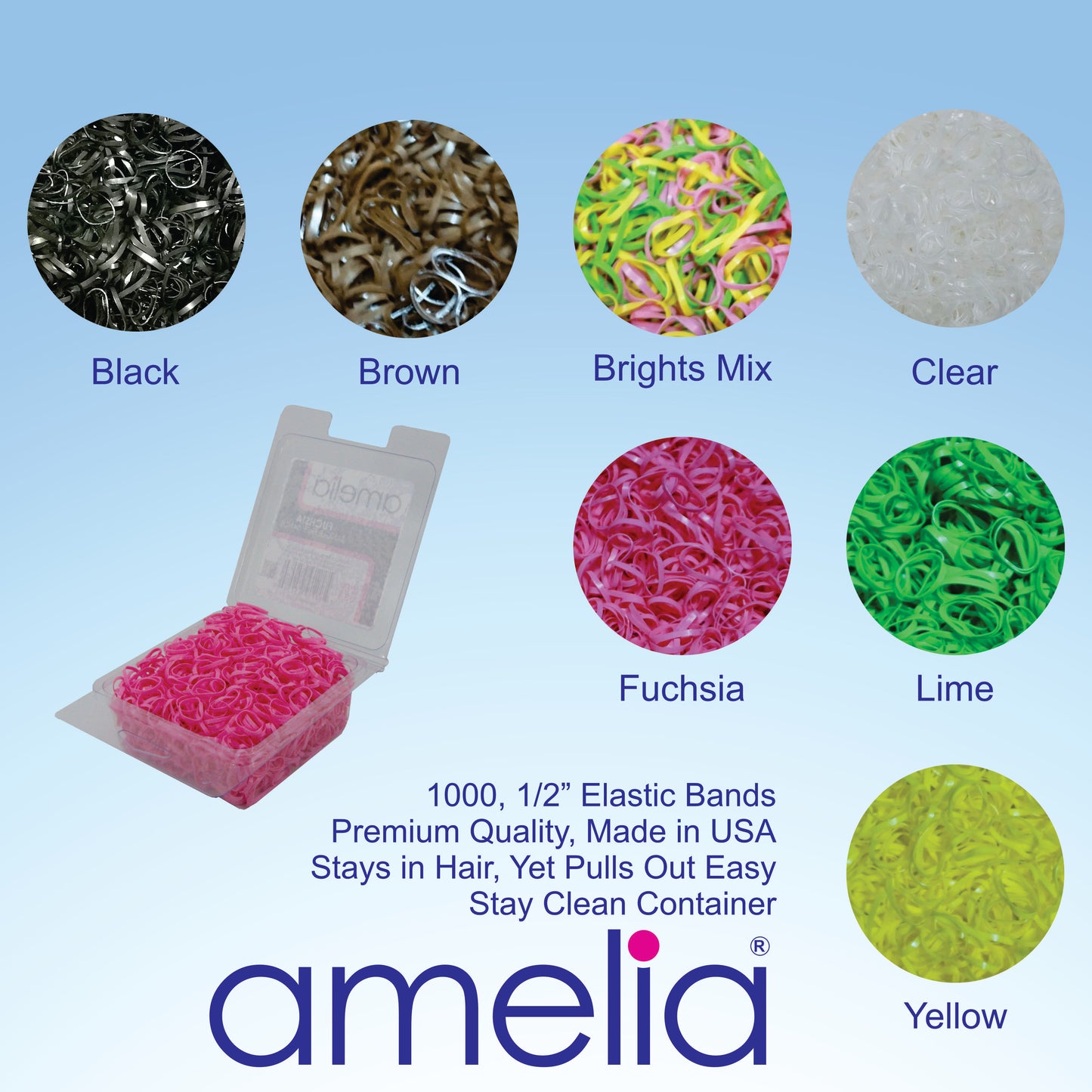 Amelia Beauty | 1/2in, Brights Neon Mix, Tangle Free Elastic Pony Tail Holders | Made in USA, Ideal for Ponytails, Braids, Twists. For Women, Girls. Pain Free, Snag Free, Easy Off | 1000 Pack
