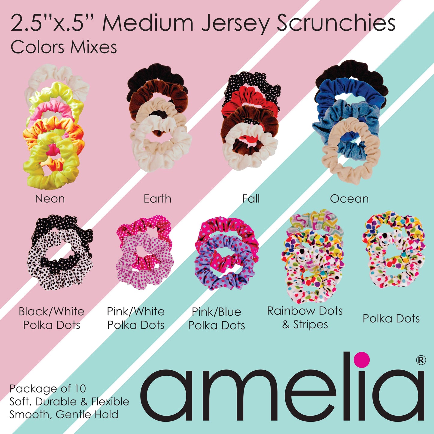 Amelia Beauty, Medium Black White Dot Jersey Scrunchies, 2.5in Diameter, Gentle on Hair, Strong Hold, No Snag, No Dents or Creases. 10 Pack