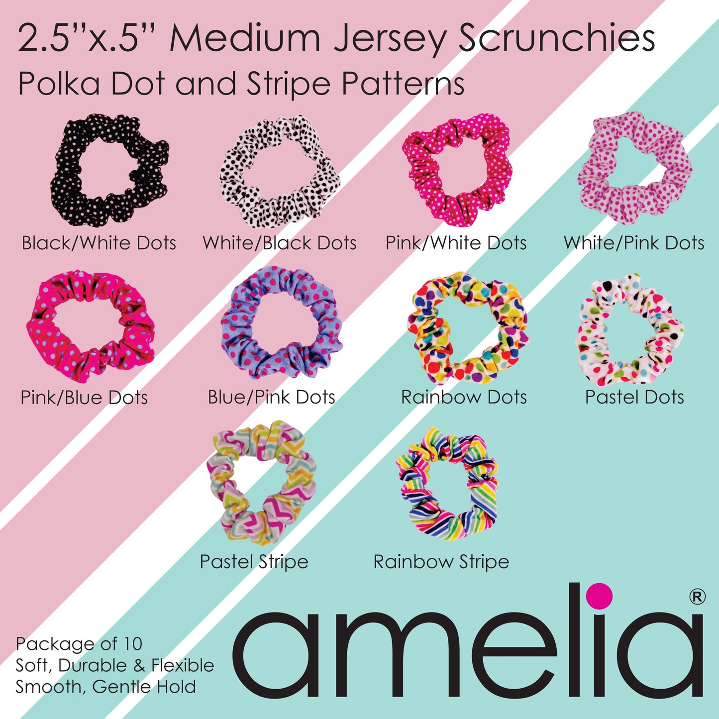 Amelia Beauty, Medium Pink Blue Dot Jersey Scrunchies, 2.5in Diameter, Gentle on Hair, Strong Hold, No Snag, No Dents or Creases. 10 Pack
