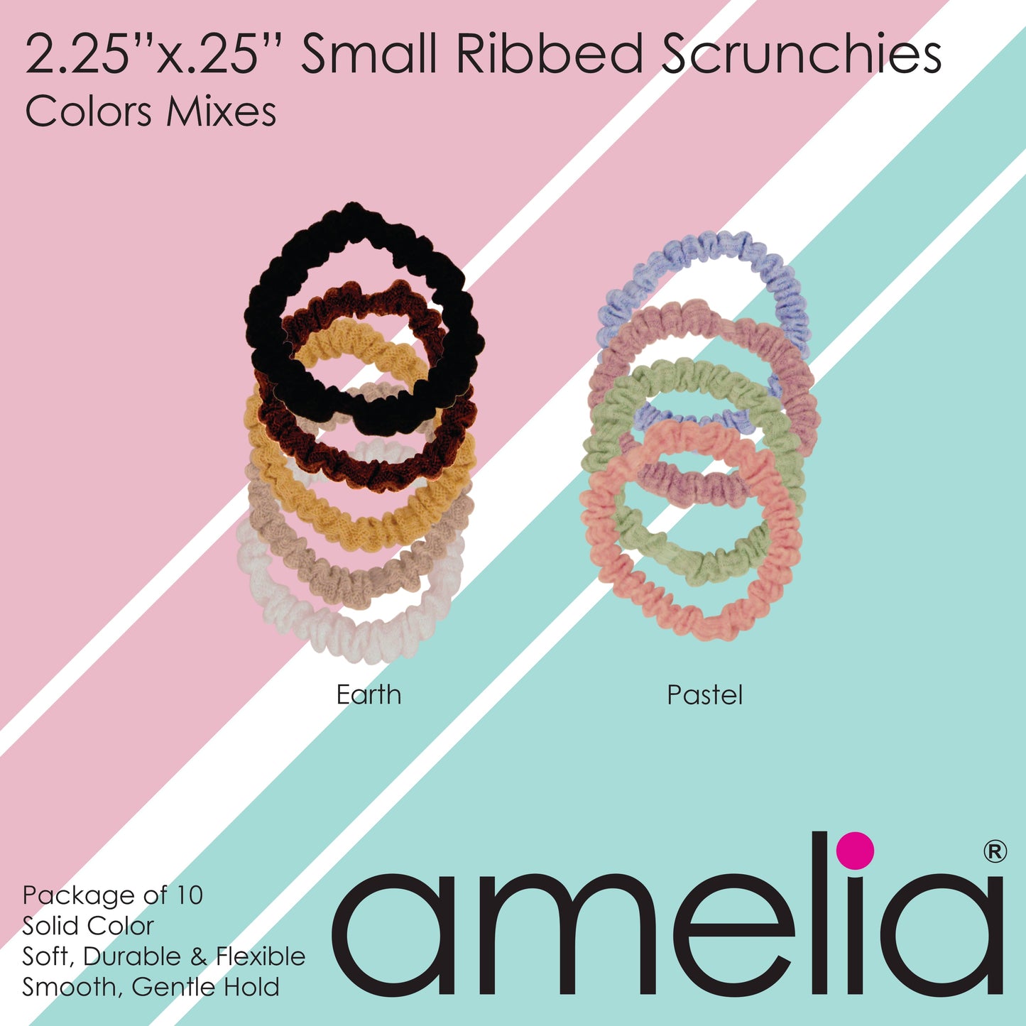 Amelia Beauty, Pastels Ribbed Scrunchies, 2.25in Diameter, Gentle on Hair, Strong Hold, No Snag, No Dents or Creases. 10 Pack