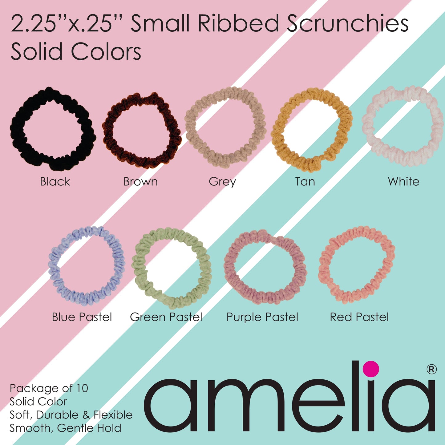 Amelia Beauty, Brown Ribbed Scrunchies, 2.25in Diameter, Gentle on Hair, Strong Hold, No Snag, No Dents or Creases. 10 Pack