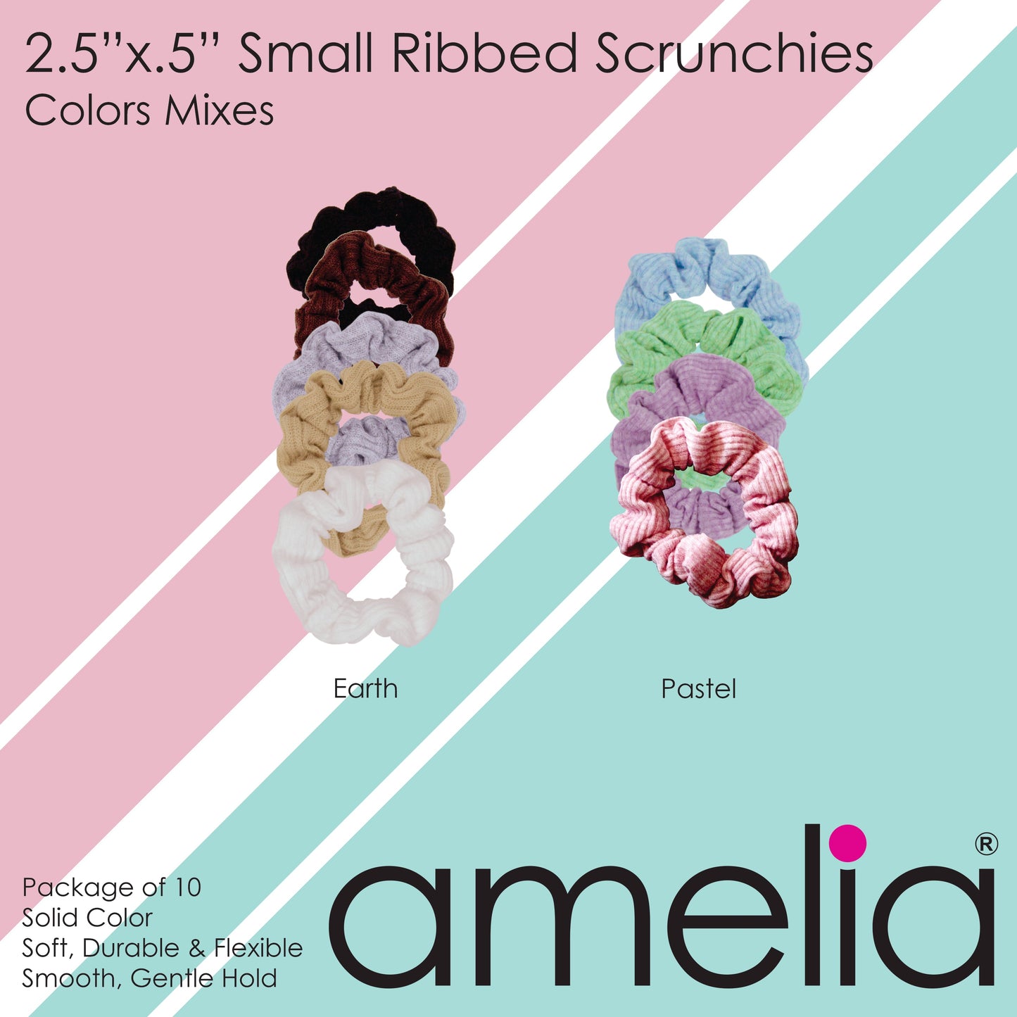 Amelia Beauty, Medium Pastel Purple Ribbed Scrunchies, 2.5in Diameter, Gentle on Hair, Strong Hold, No Snag, No Dents or Creases. 10 Pack