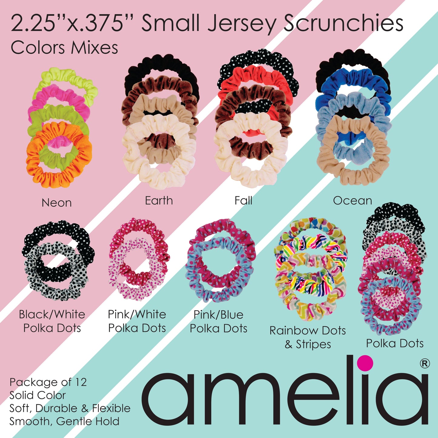 Amelia Beauty, Pastel Stripe Jersey Scrunchies, 2.25in Diameter, Gentle on Hair, Strong Hold, No Snag, No Dents or Creases. 12 Pack