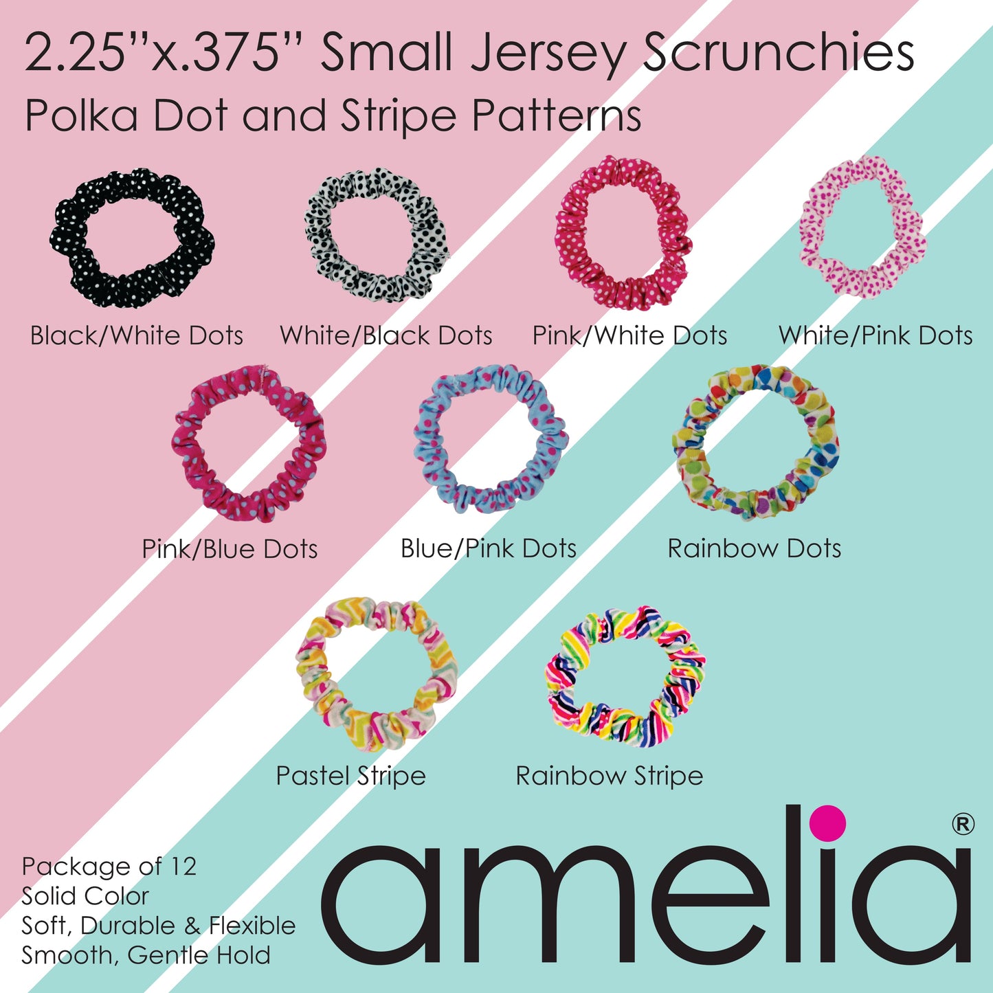 Amelia Beauty, Polka Dot Mix Jersey Scrunchies, 2.25in Diameter, Gentle on Hair, Strong Hold, No Snag, No Dents or Creases. 12 Pack