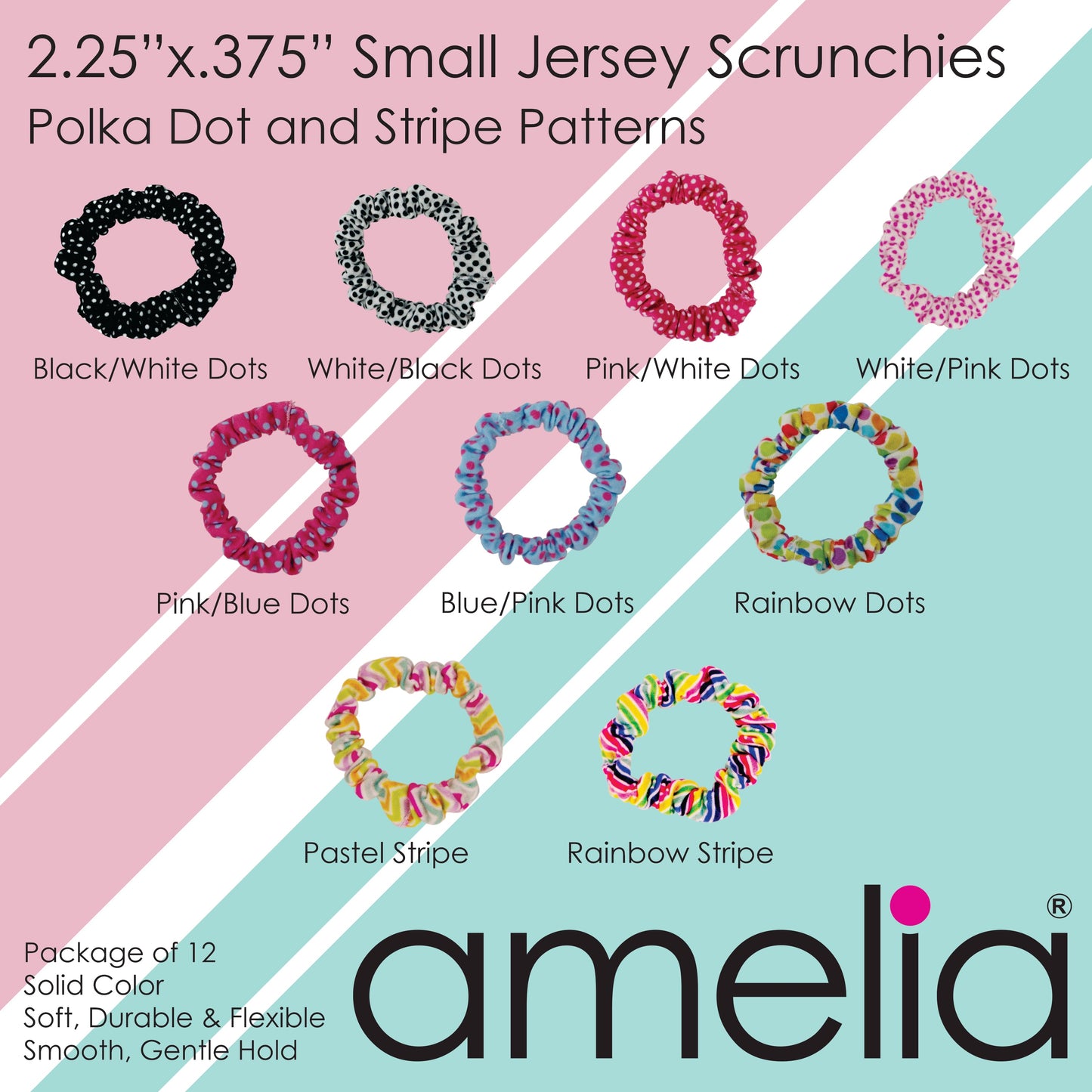 Amelia Beauty, Pink and Blue Polka Dot Mix Jersey Scrunchies, 2.25in Diameter, Gentle on Hair, Strong Hold, No Snag, No Dents or Creases. 12 Pack