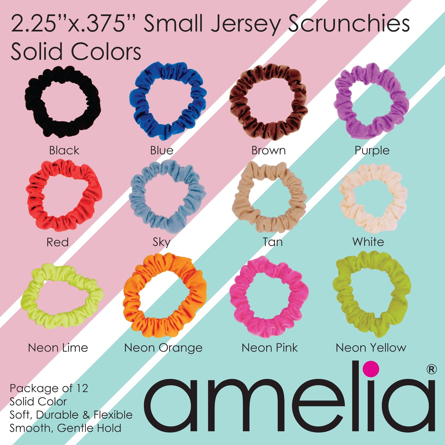 Amelia Beauty, Polka Dot Mix Jersey Scrunchies, 2.25in Diameter, Gentle on Hair, Strong Hold, No Snag, No Dents or Creases. 12 Pack