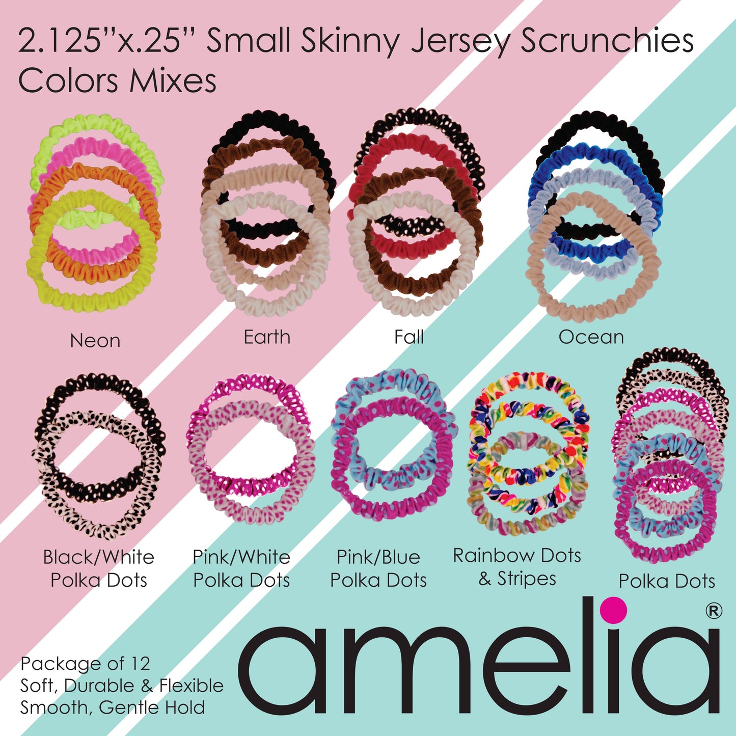 Amelia Beauty, Rainbow Dots Skinny Jersey Scrunchies, 2.125in Diameter, Gentle on Hair, Strong Hold, No Snag, No Dents or Creases. 12 Pack