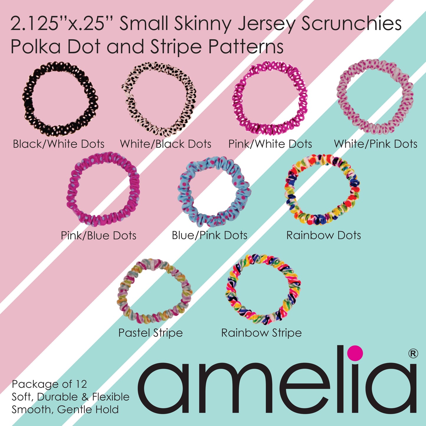 Amelia Beauty, Pink with Blue Dots Skinny Jersey Scrunchies, 2.125in Diameter, Gentle on Hair, Strong Hold, No Snag, No Dents or Creases. 12 Pack