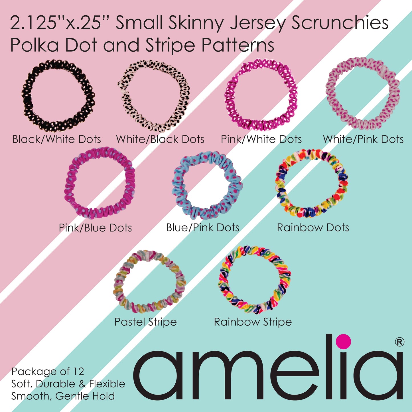 Amelia Beauty, Tan Skinny Jersey Scrunchies, 2.125in Diameter, Gentle on Hair, Strong Hold, No Snag, No Dents or Creases. 12 Pack