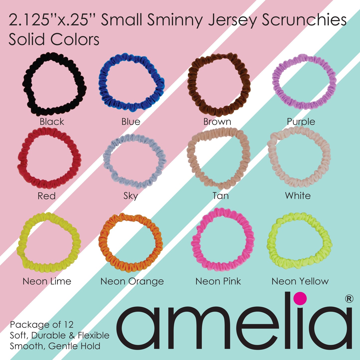 Amelia Beauty, Brown Skinny Jersey Scrunchies, 2.125in Diameter, Gentle on Hair, Strong Hold, No Snag, No Dents or Creases. 12 Pack