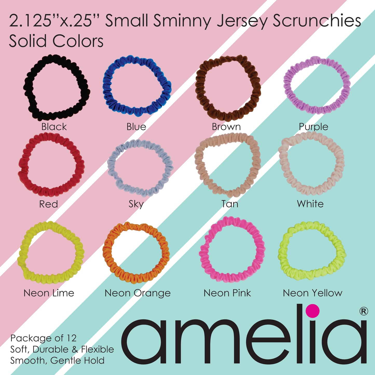 Amelia Beauty, Pink with Blue Dots Skinny Jersey Scrunchies, 2.125in Diameter, Gentle on Hair, Strong Hold, No Snag, No Dents or Creases. 12 Pack