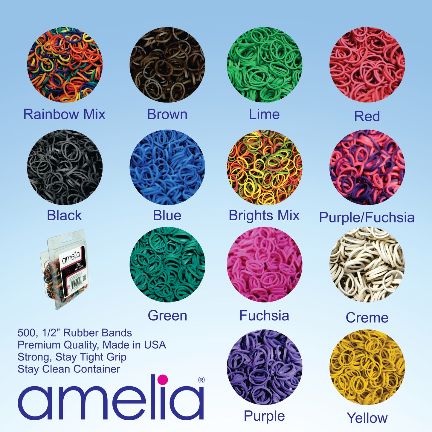 Amelia Beauty | 1/2in, Purple and Fuchsia Mix, Elastic Rubber Band Pony Tail Holders | Made in USA, Ideal for Ponytails, Braids, Twists, Dreadlocks, Styling Accessories for Women, Men and Girls | 500 Pack