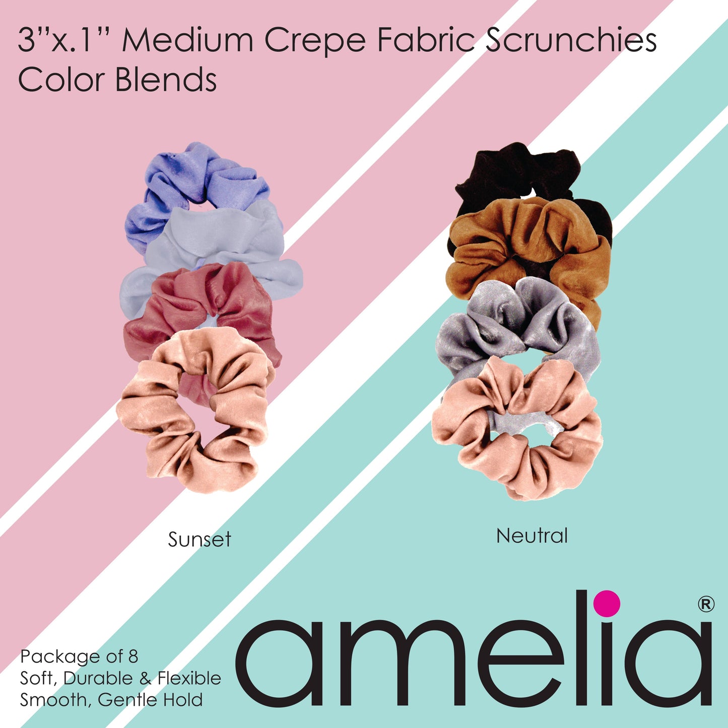 Amelia Beauty | 3in Grey Crepe Scrunchies | Soft, Gentle and Strong Hold | No Snag, No Dents or Creases | 8 Pack